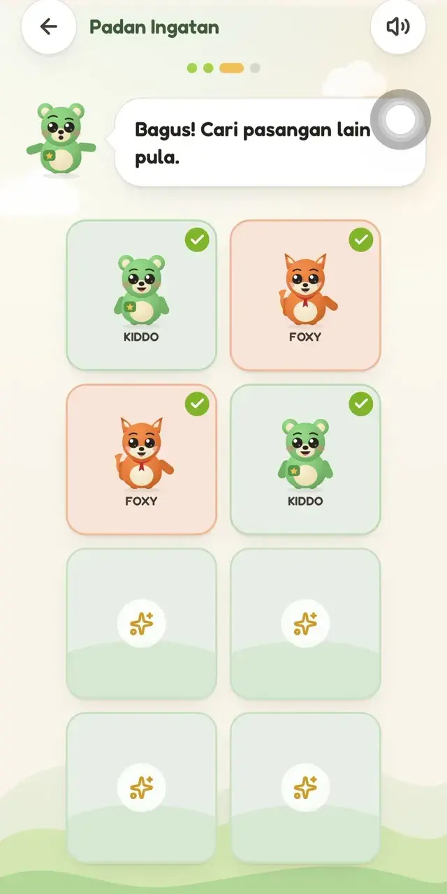 Padan Ingatan: kad KIDDO dan FOXY dipadankan, setiap satu dengan tanda betul hijau.