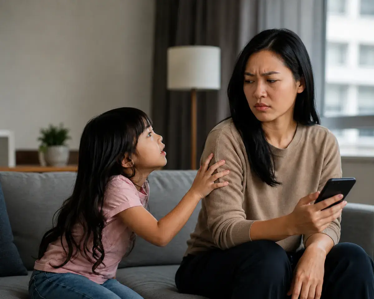 Seorang anak kecil menghulur tangan meminta telefon daripada orang dewasa di ruang tamu.