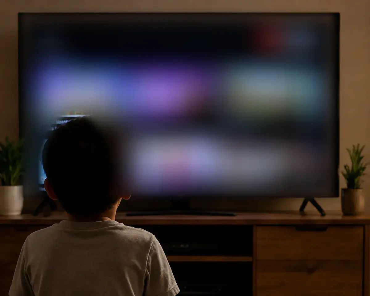 Seorang anak duduk rapat dengan tablet, menonton video kartun satu demi satu.