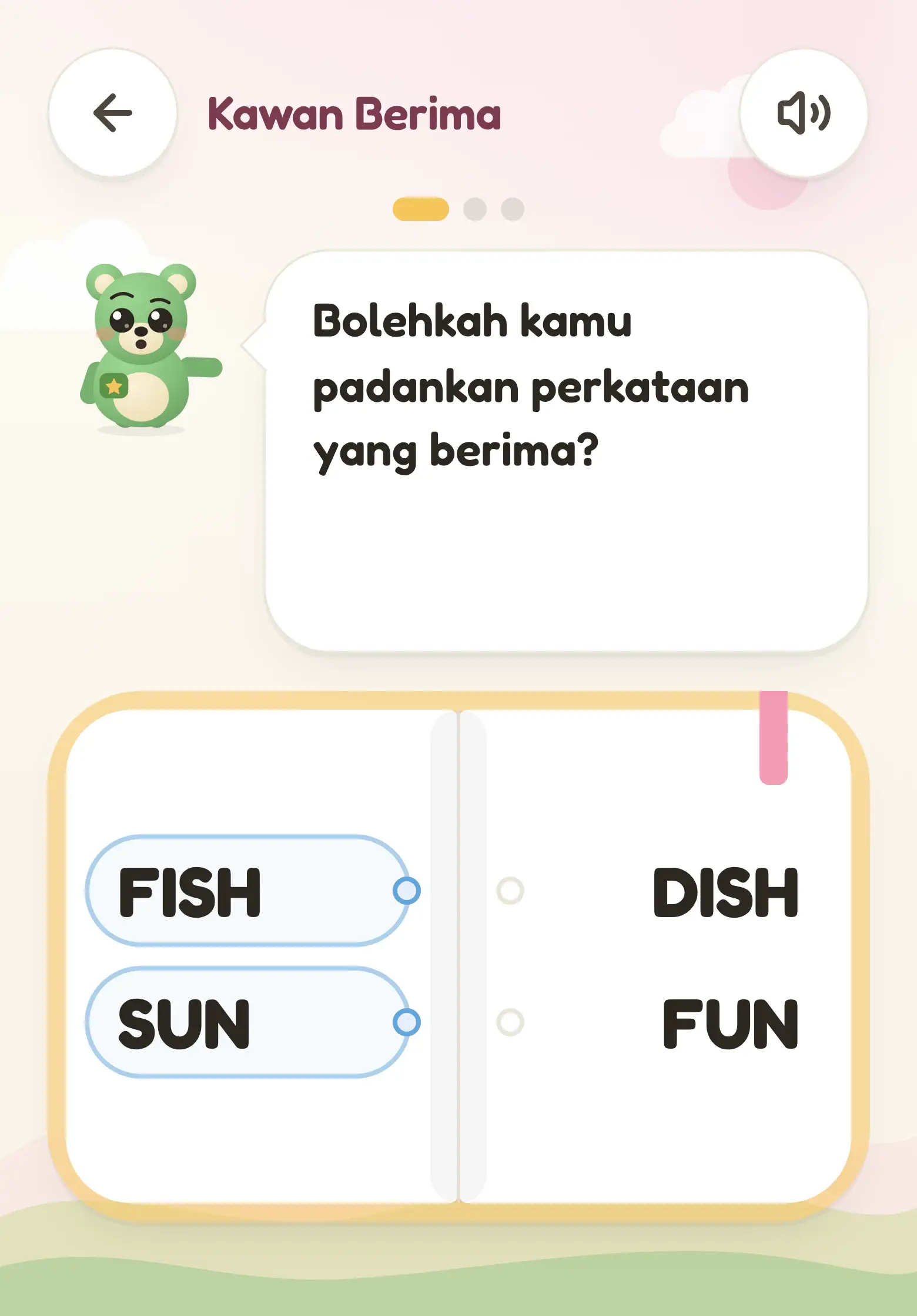 Kawan Berima: dua halaman buku cerita terbuka dengan perkataan di kiri dan kanan untuk dipadankan.